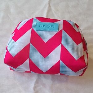 Clinique Zipper Makeup Bag / Pouch Patterned Electric / Hot Pink Blue And White